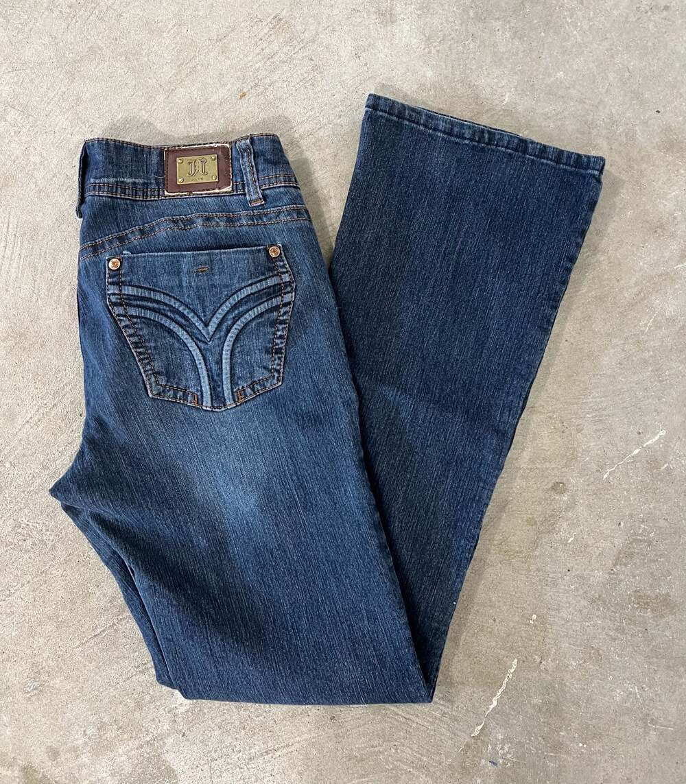 Jolt Women’s Y2K Dark Wash Low Rise Flare Jeans Embroidered Size 11